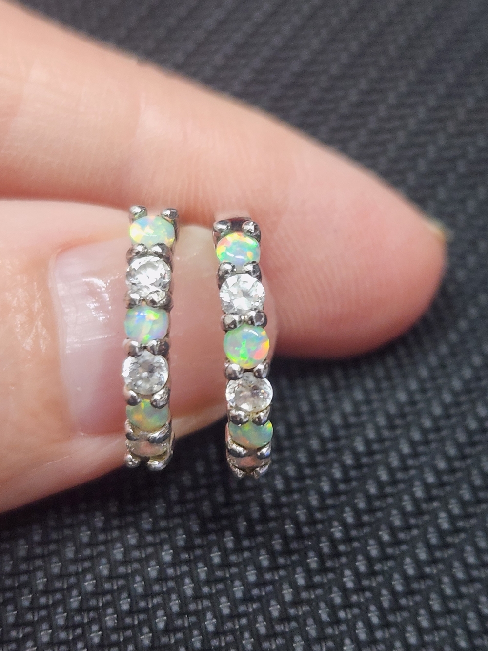 Opal and White Crystal Hoop Earrings - Silver Tone
